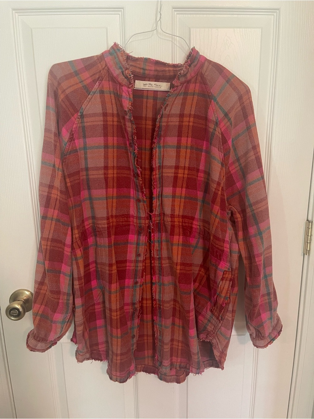 We The Free Plaid Button-Front Shirt Jacket in Pink and Orange Tones